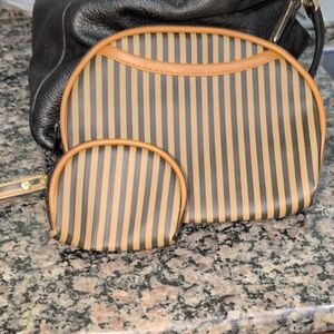 Striped Black and Tan Cosmetics Bag Set With Removable Wristlet And Small Pouch